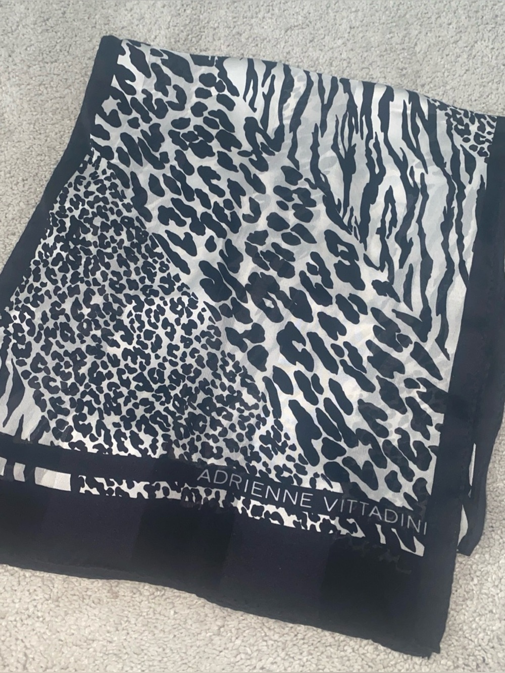 Adrienne Vittadini Silk Scarf Black White Animal Leopard Zebra Print